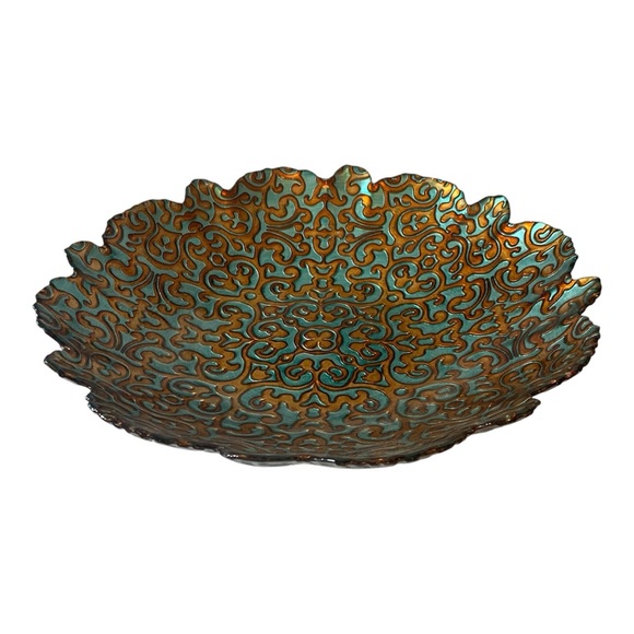 ArdaCam Hand Painted Turquoise & Bronze Glass 12” Round Serving Platter Bowl - Picture 13 of 16